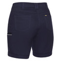 Navy women's mid-rise work shorts with back pockets, belt loops, and side utility pocket opening