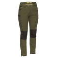 Olive women's cargo pants with dark khaki knee panels, side cargo pocket, and slim tapered leg