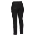 Black women's stretch cargo pants rear view showing rear pockets, articulated knees and slim leg, with gold brand tab detail