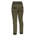 Olive green women's cargo pants with black reinforced knee panels and cargo pockets on thighs