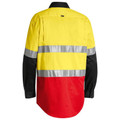 Hi-vis work shirt in yellow, red and black panels with silver reflective tape across back and chest, black collar