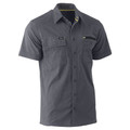 Charcoal grey short sleeve work shirt with chest pockets and button front closure