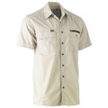 Sand short sleeve work shirt with dual chest pockets, navy zip detail, button front and point collar