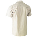 Rear view of stone short sleeve work shirt with roll-up tab sleeves and small chest branding