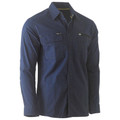 Navy long sleeve work shirt with chest zip pocket, button front, and lime-tipped collar detail