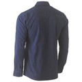 Navy blue long sleeve work shirt with button closure and utility pockets shown from back view