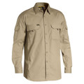 Khaki ripstop work shirt with dual chest pockets, button front closure, and roll-up long sleeves with tab detail
