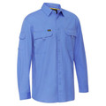 Periwinkle blue work shirt with dual chest pockets, button front, roll-up long sleeves and collar
