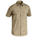 Khaki ripstop short sleeve work shirt with button front closure and dual chest pockets with flaps