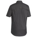 Charcoal short sleeve work shirt rear view showing vented back yoke, ripstop fabric texture and side access panels