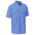 Light blue short sleeve work shirt with dual chest pockets featuring button-down flaps and pen slot detail