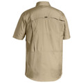 Sand khaki short sleeve work shirt rear view showing vented back yoke panel and ripstop fabric texture