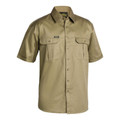 Khaki short sleeve drill work shirt with chest pockets and button-through front