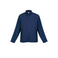 Navy blue mens full-zip soft shell jacket with stand collar and zippered side pockets