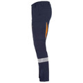 Navy cargo pants with silver reflective tape and orange piping detail on side seam