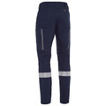 Navy stretch ripstop cargo pant rear view showing reflective tape bands, zip vents, and cargo pockets