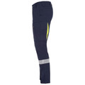 Navy stretch cargo work pant with hi-vis yellow side panel, reflective tape at lower leg, and multiple cargo pockets