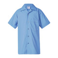 Sky blue boys short sleeve school shirt with camp collar, button front and chest pocket, flat lay