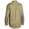 Back view of khaki long sleeve work shirt with button cuffs, centre pleat and chest pocket