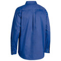 Royal blue cotton drill work shirt back view with centre pleat and long sleeves
