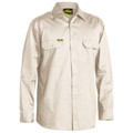 Natural beige long sleeve work shirt with button front, dual chest pockets with flaps and pen slot