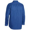 Royal blue long sleeve work shirt with back yoke panels and button cuffs, rear view