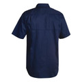 Navy blue short sleeve work shirt with back yoke and ventilation features viewed from rear