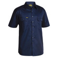 Navy short sleeve work shirt with twin chest pockets and button-down front