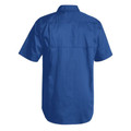 Royal blue short sleeve work shirt with back yoke and chest panel details, rear view