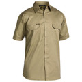 Khaki short sleeve work shirt with twin chest pockets featuring button-down flaps and pen partition