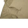 Khaki short sleeve drill shirt showing contrast stitching detail, chest pocket and side seam construction