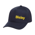 Navy five panel baseball cap with yellow Bisley embroidery on front panel
