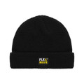 Black waffle-knit rib beanie with folded cuff and woven FLX & Move brand patch