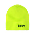 Hi-vis yellow rib knit beanie with fold-over cuff and embroidered Bisley logo on front panel