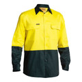 Yellow and bottle green two-tone hi vis long sleeve drill shirt with chest pockets and button front
