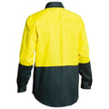 High visibility work shirt in safety yellow and bottle green with colour-blocked design and long sleeves viewed from back