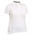 White women's polo shirt with grey reflective piping, side panels, open collar, short sleeves — packshot