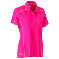 Hot pink women's polo shirt with white reflective piping along seams and collar trim, three-button placket