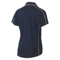 Navy blue women's short sleeve polo shirt, rear view, white reflective piping along shoulders and side seams