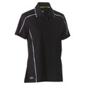 Black women's polo shirt with white reflective piping along shoulders and side seams, three-button placket