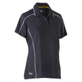 Charcoal women's polo shirt with white reflective piping, contrast panels, and three-button placket