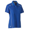Royal blue women's polo shirt with white reflective piping, three-button placket and contrast collar detail