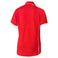 Back view of red women's polo shirt with white reflective piping along shoulders and side panels