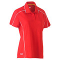 Red women's short sleeve polo with white reflective piping along shoulders and side seams, three-button placket