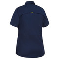 Navy blue women's short sleeve work shirt with back yoke panel and ripstop fabric texture