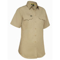 Khaki ripstop work shirt with short sleeves, button front closure, and two chest pockets with flap closures