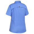 Periwinkle blue short sleeve work shirt with back yoke panel and vented hem detail