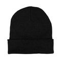 Black roll-up cuff knit beanie with ribbed texture and fold-over band