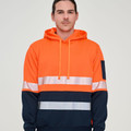 Hi-vis orange and navy hoodie with segmented reflective tape across chest and sleeves