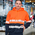 Fluorescent orange and navy hi-vis hoodie with segmented reflective tape across chest and sleeves